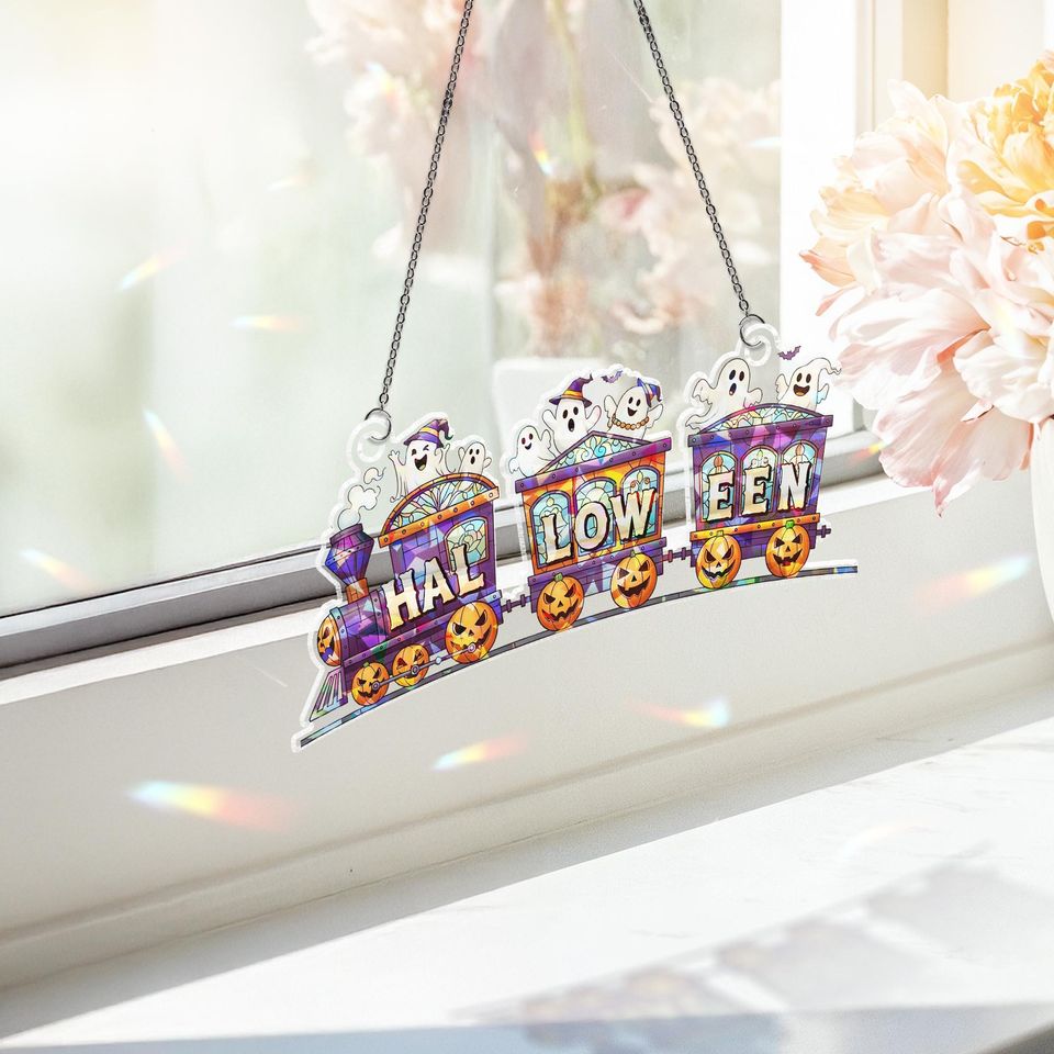 Halloween Train Stained Glass Suncatcher - Ghost Pumpkin Window Decor
