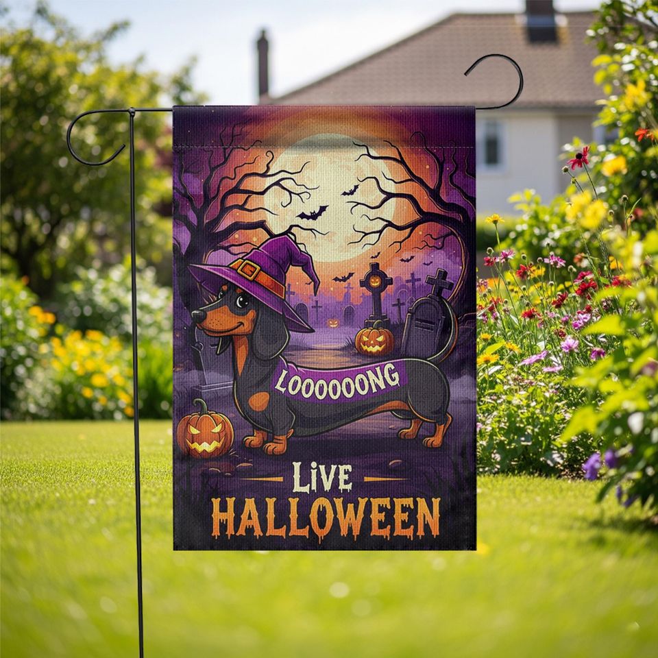 Halloween Dachshund Garden Flag: Long Dog Witch Yard Decor