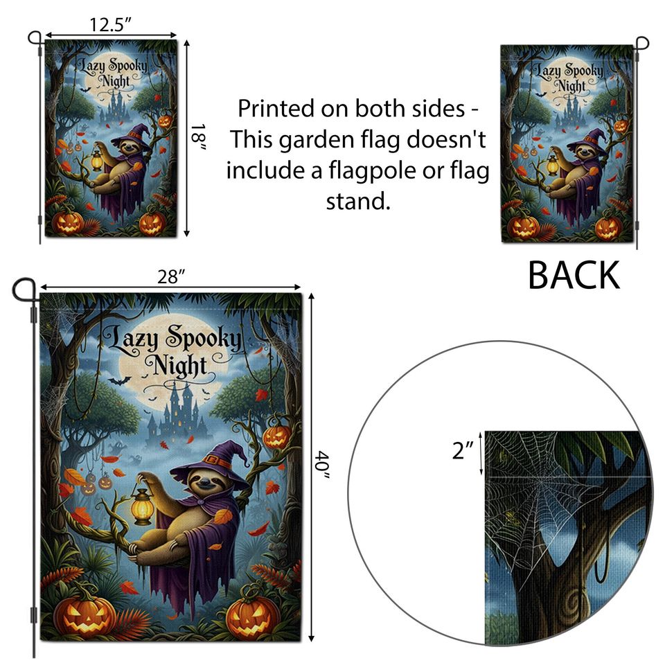 Spooky Sloth Halloween Garden Flag: Funny Witch, Pumpkin Lantern