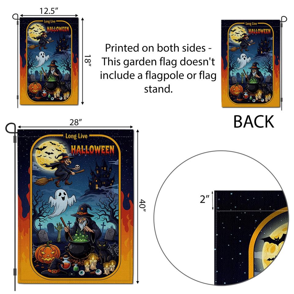Long Live Halloween Garden Flag  Witch Cauldron Ghost Cat Spooky Graveyard Yard Decor