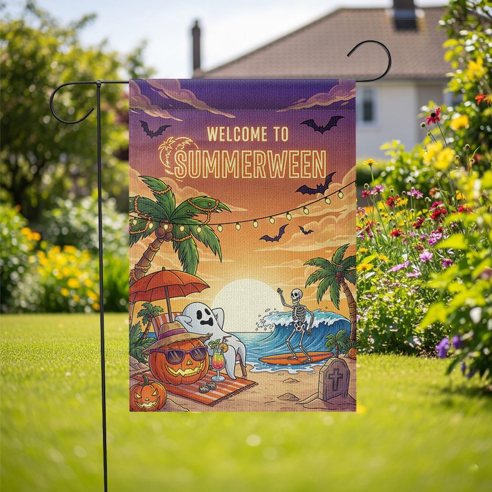 Summerween Garden Flag  Funny Halloween Beach Decor with Skeleton & Ghost