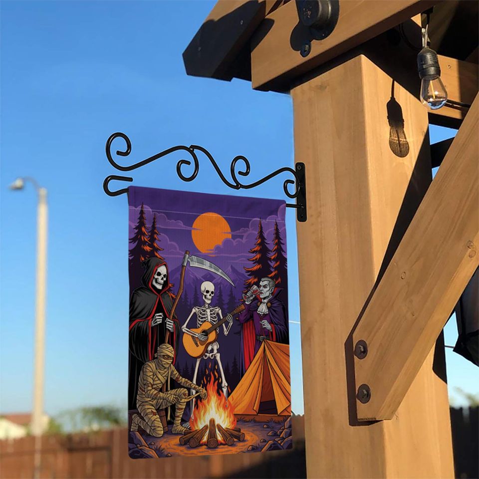 Halloween Campfire Garden Flag  Grim Reaper Skeleton Vampire Mummy Funny Spooky Decor