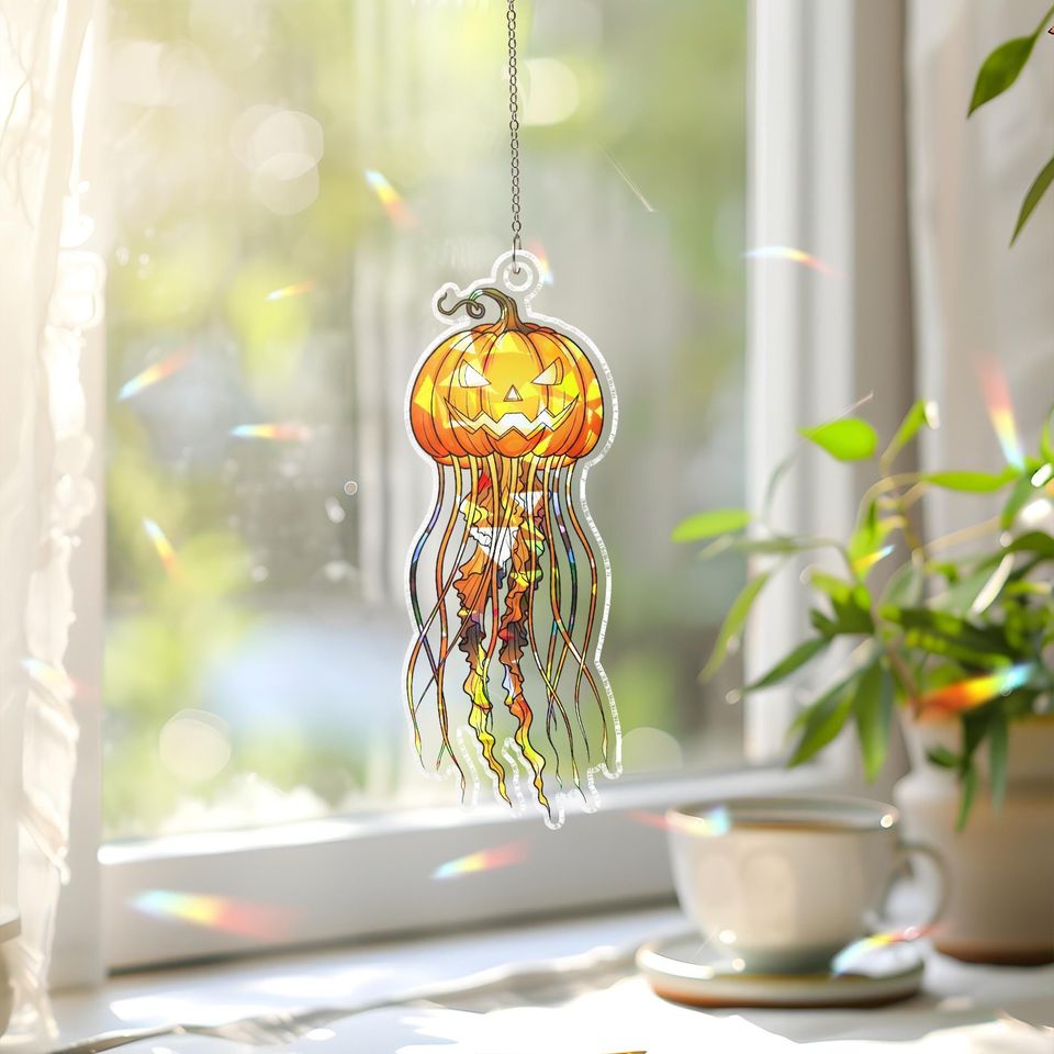 Halloween Pumpkin Jellyfish Suncatcher  Jack-O-Lantern Window Decor  Spooky Fall Sun Catcher