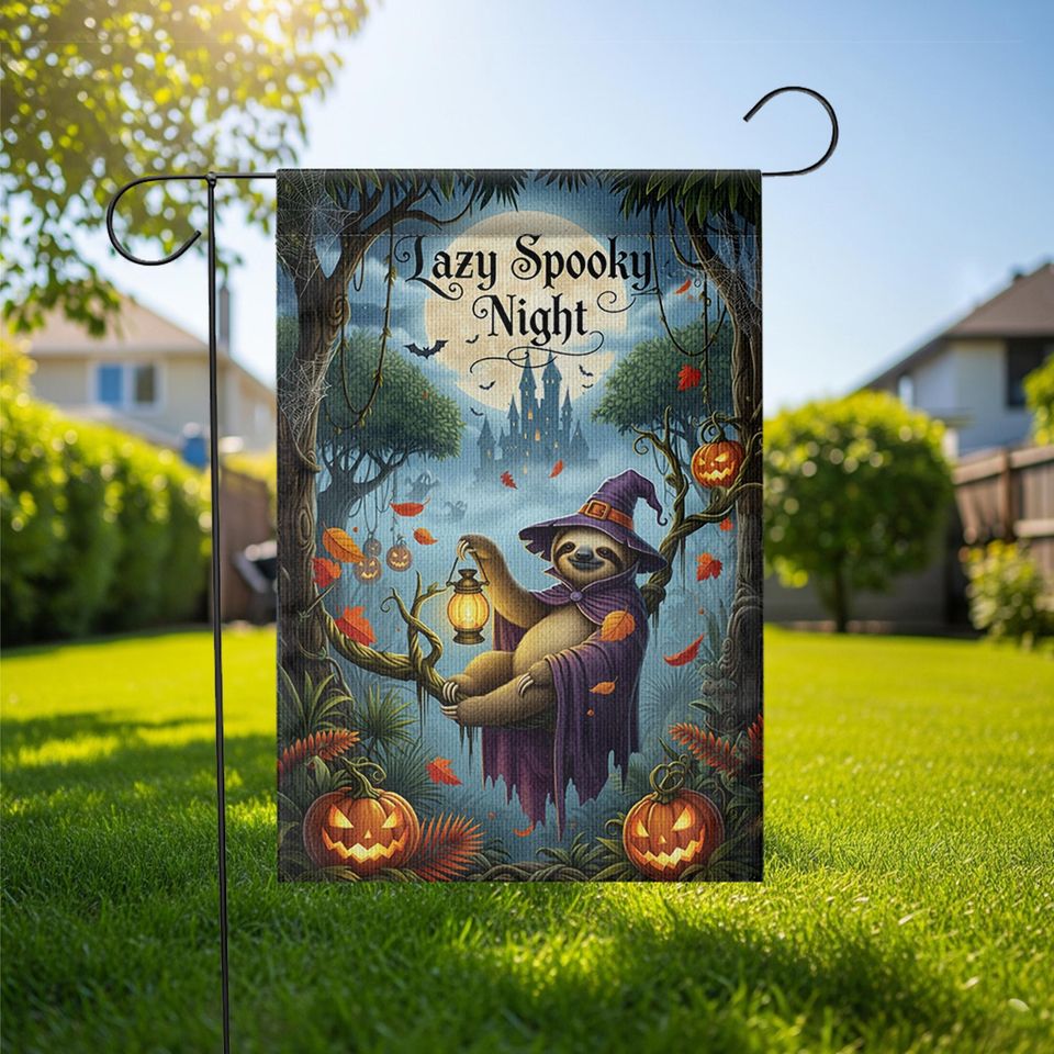 Spooky Sloth Halloween Garden Flag: Funny Witch, Pumpkin Lantern