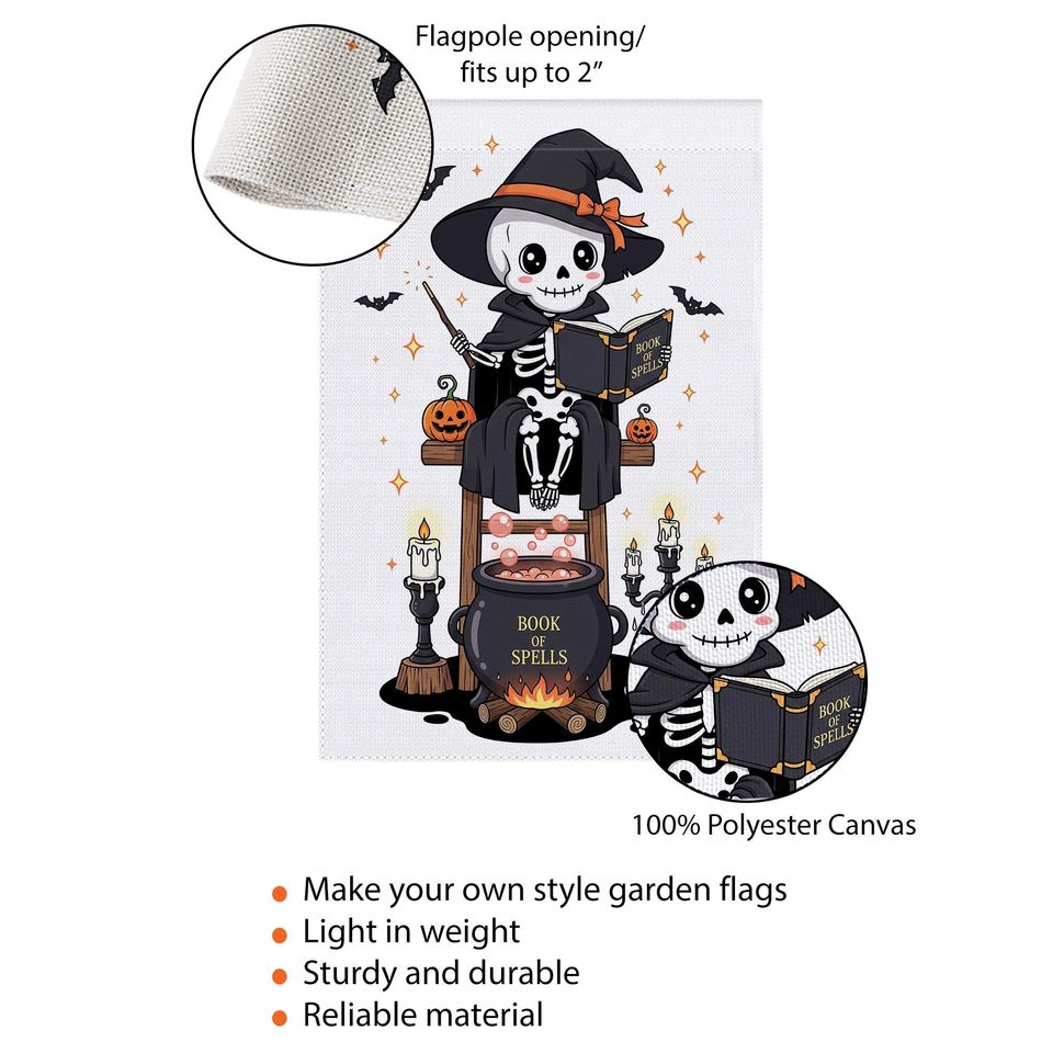 Skeleton Witch Halloween Garden Flag: Spooky Cauldron Decor