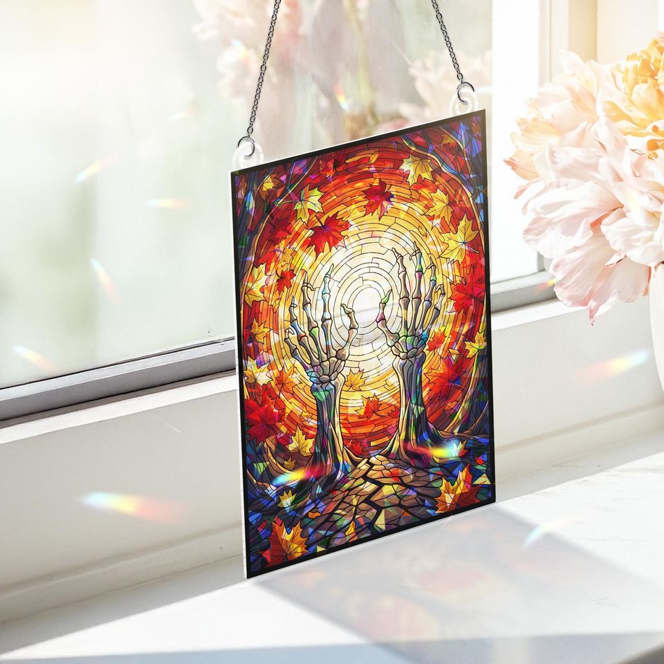 Skeleton Hands Suncatcher: Holographic Autumn Leaves Gothic Window Decor