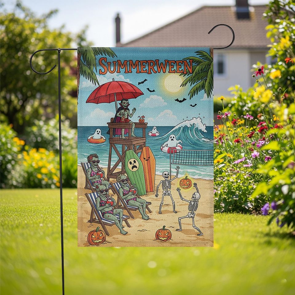 Summerween Beach Flag: Funny Halloween Garden Decor
