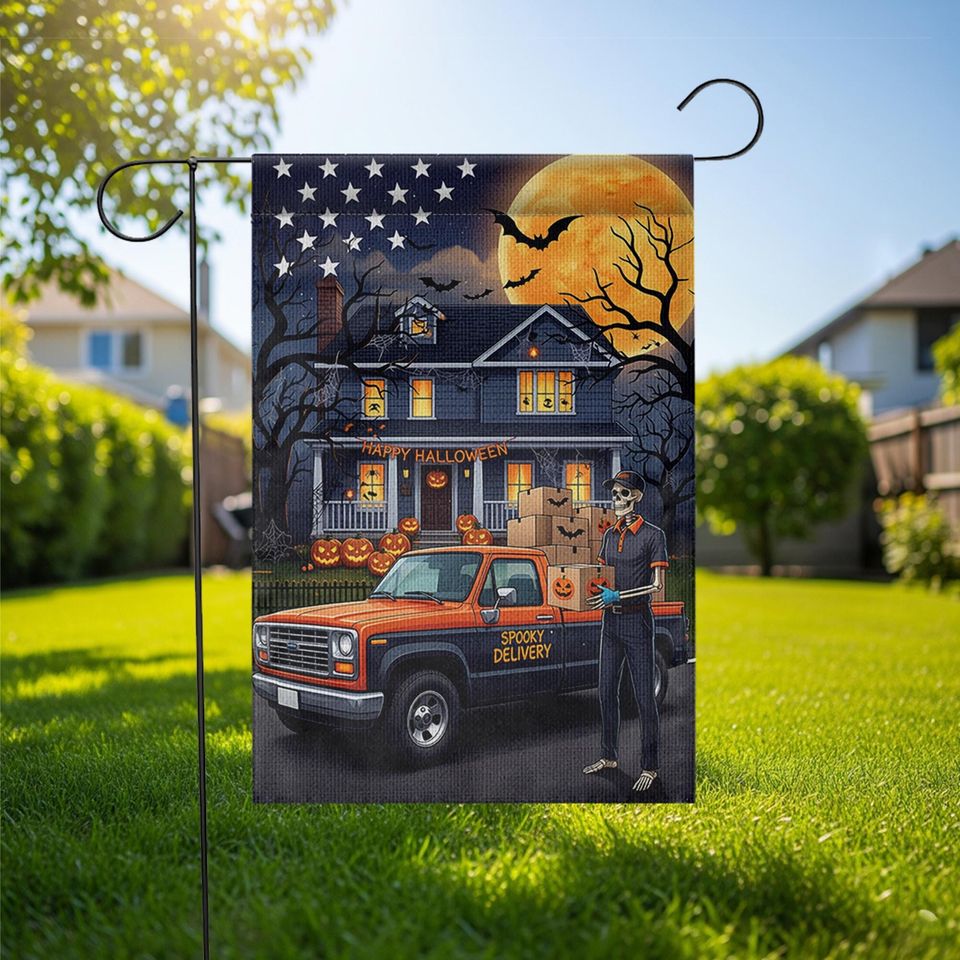 Skeleton Delivery Driver Halloween Garden Flag: Spooky Fall Decor
