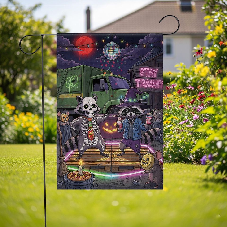Stay Trashy Halloween Garden Flag: Raccoon Skeleton Witch Party Decor