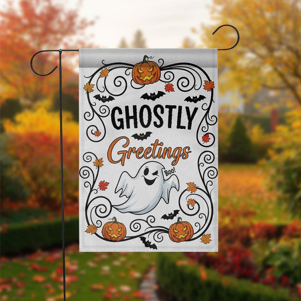 Ghostly Greetings Halloween Garden Flag  Cute Ghost Yard Decor with Pumpkins, Bats & Fall Leaves for Spooky Outdoor Decoration