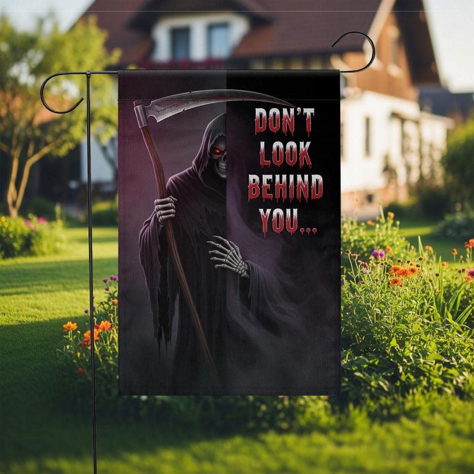 Grim Reaper Halloween Garden Flag: Scary Skeleton Scythe Yard Decor