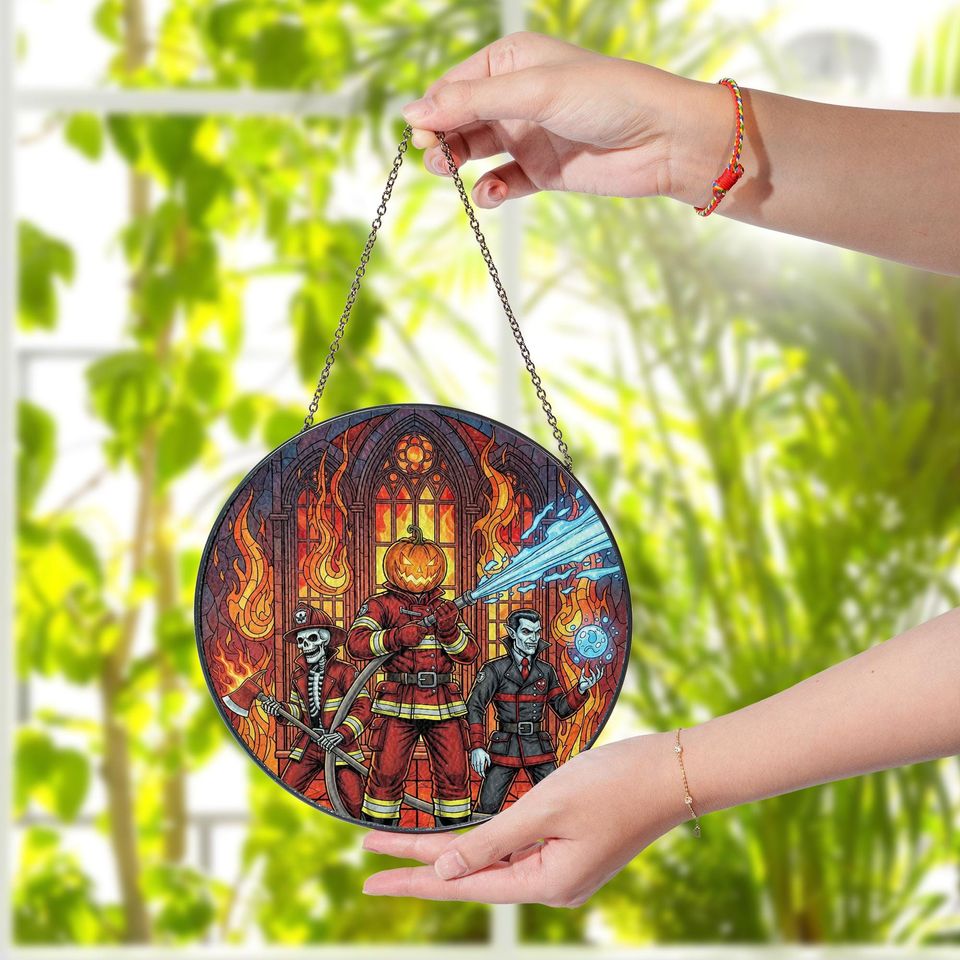 Halloween Firefighter Suncatcher Gothic Pumpkin Head Window Decor Spooky Fall Gift