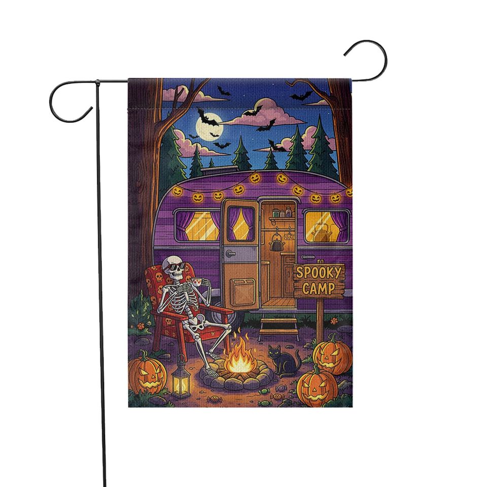 Spooky Camp Halloween Garden Flag  Skeleton Camper Firepit Yard Decor  Fall Camping Outdoor Sign