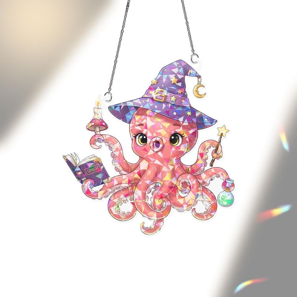 Holographic Witch Octopus Suncatcher: Halloween Window Ornament