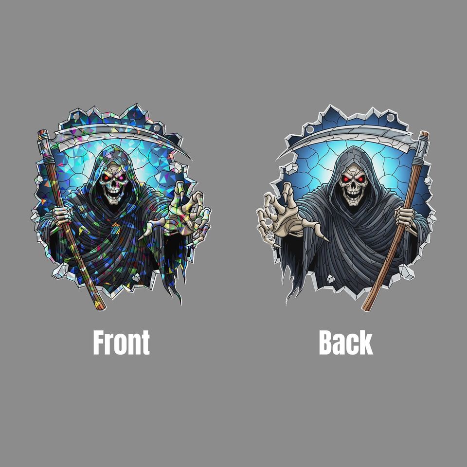 Holographic Grim Reaper Suncatcher: Stained Glass Skull, Gothic Halloween Decor