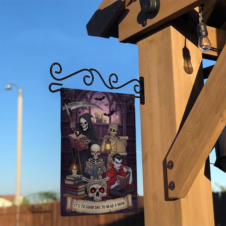 Halloween Reading Garden Flag  Grim Reaper Vampire Mummy Skeleton Book Lover Decor