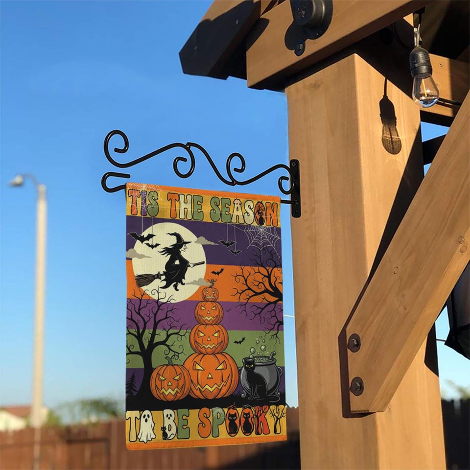 Halloween Garden Flag: Witch, Pumpkin & Black Cat - Outdoor Decor