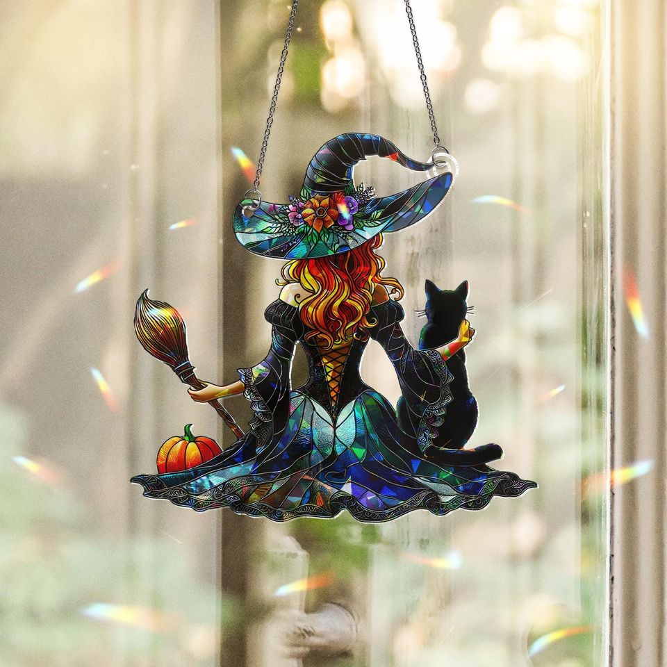 Witch and Cat Suncatcher: Holographic Halloween Window Hanging