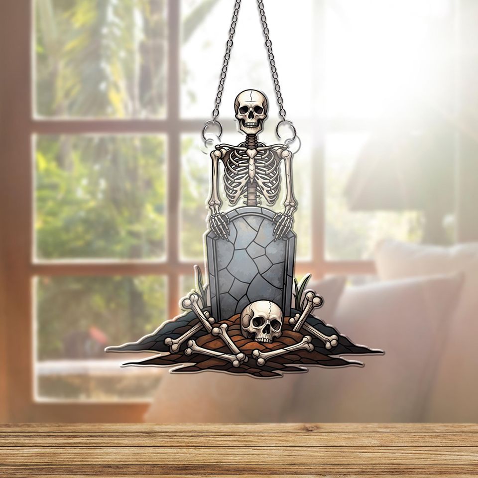 Hologram Skeleton Graveyard Suncatcher: Gothic Halloween Window Decor