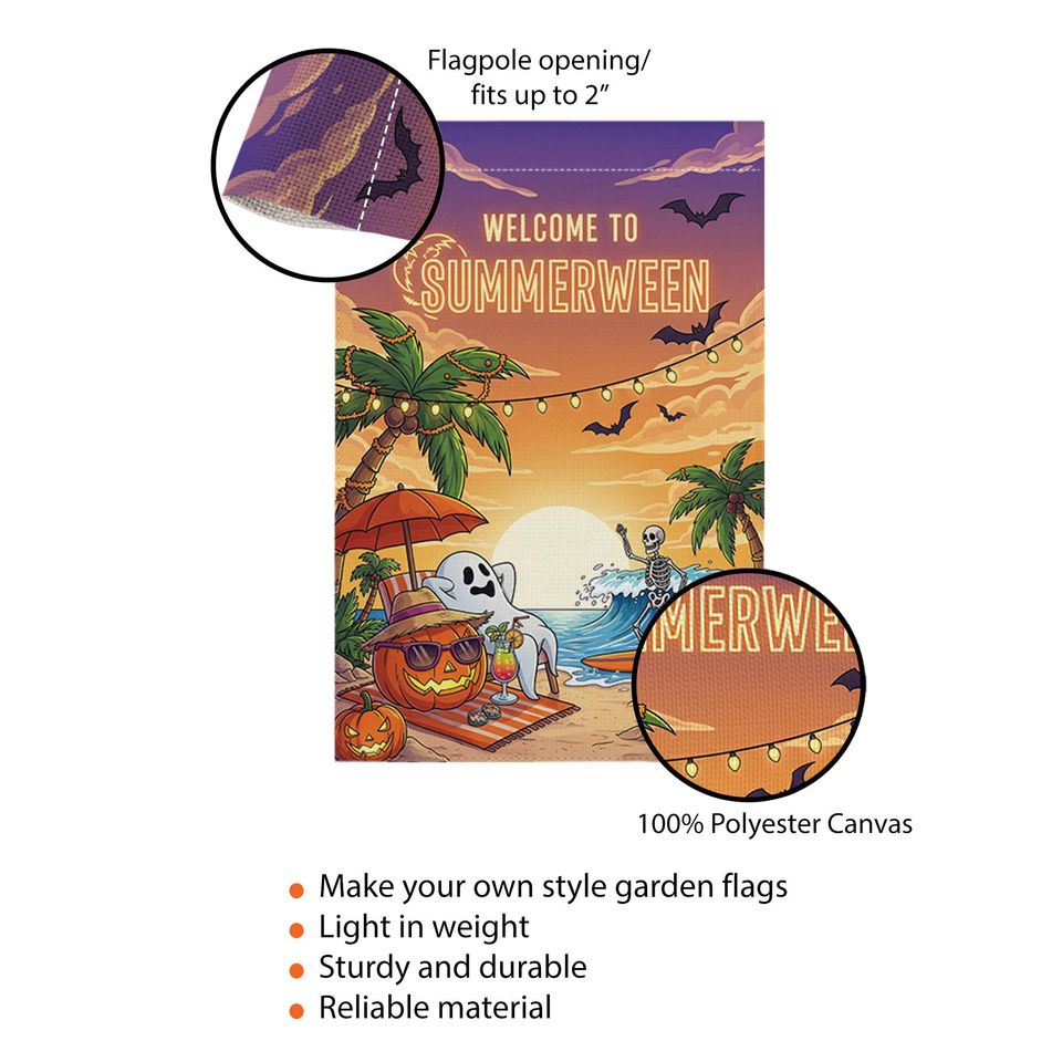 Summerween Garden Flag  Funny Halloween Beach Decor with Skeleton & Ghost