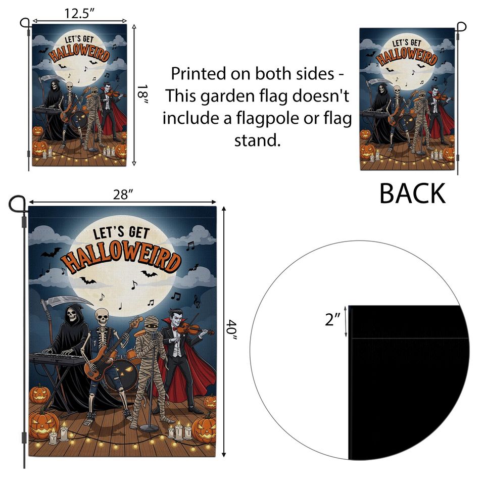 Funny Halloween Garden Flag: Skeleton Band, Grim Reaper & Vampire - Spooky Yard Decor