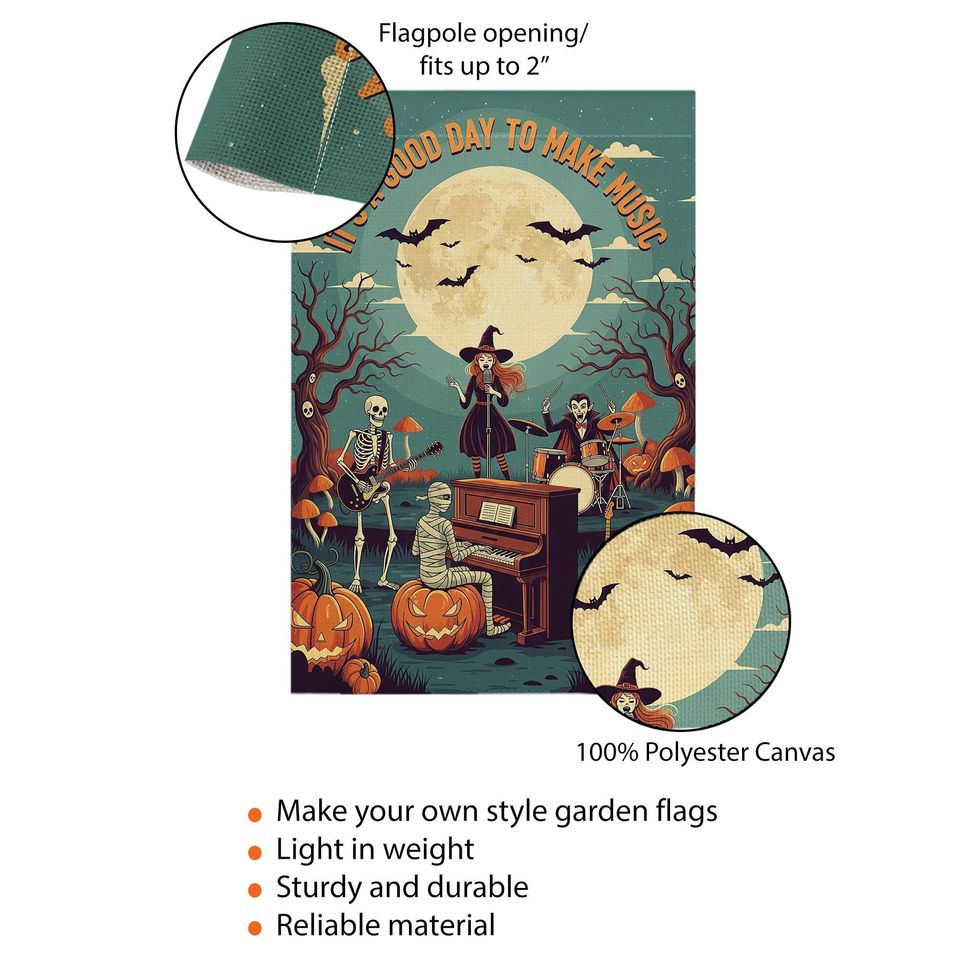 Halloween Music Garden Flag: Spooky Skeletons, Witch & Mummy - Fall Porch Decor