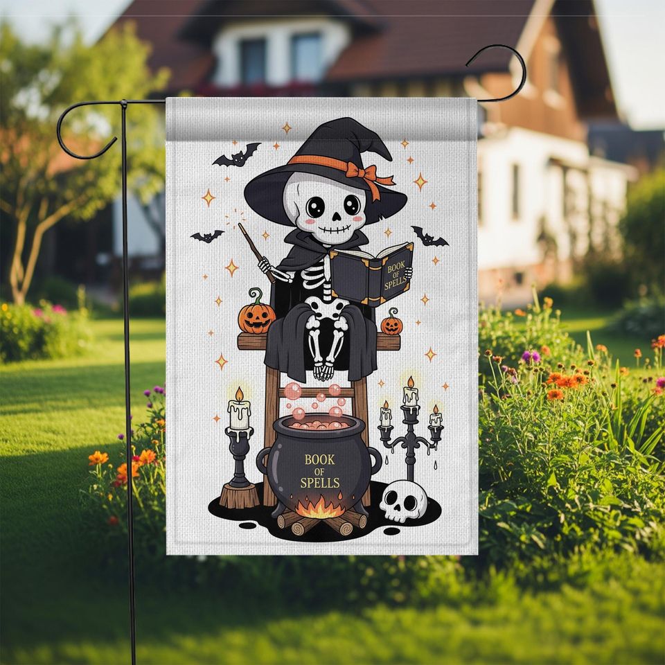 Skeleton Witch Halloween Garden Flag: Spooky Cauldron Decor