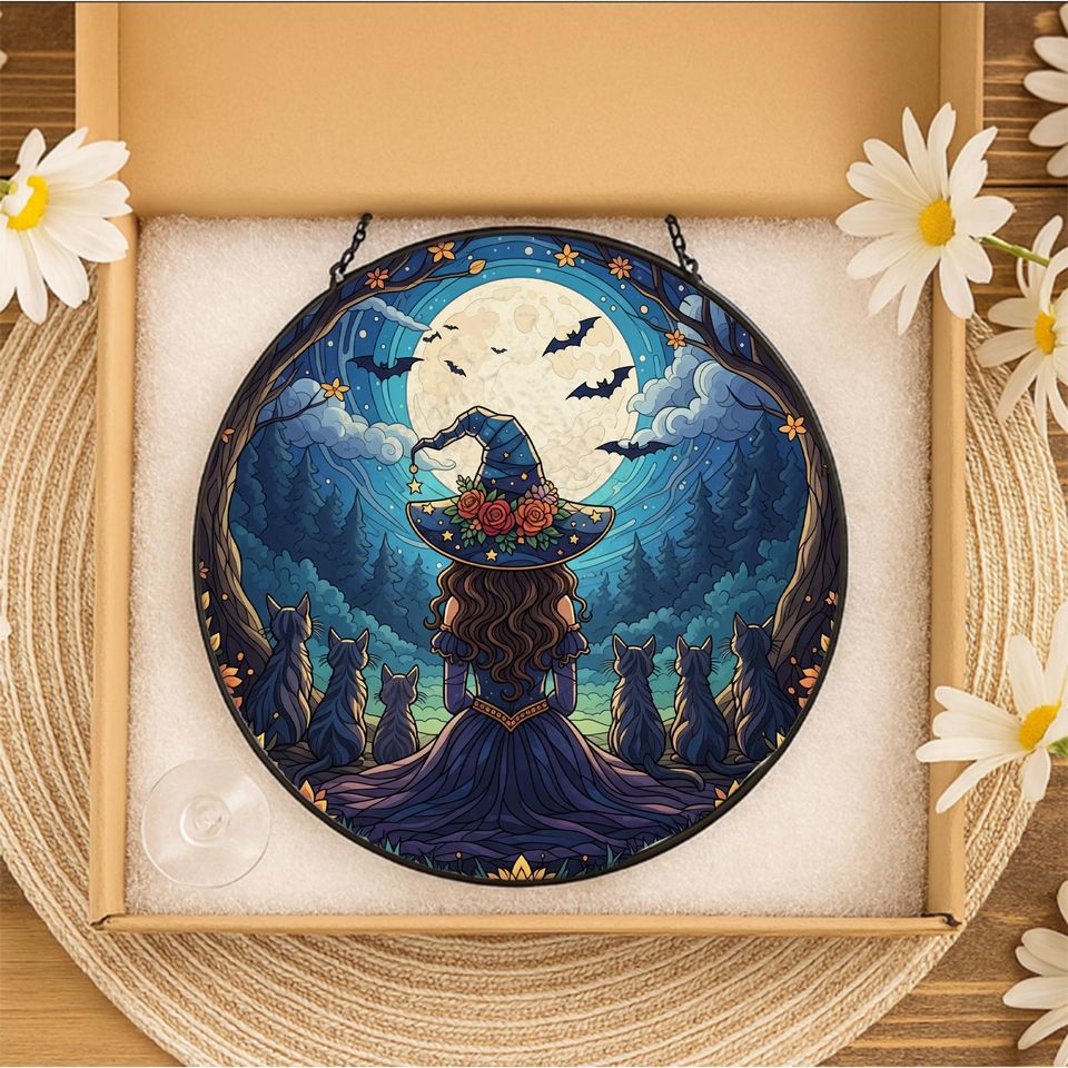 Witch Cat Moon Suncatcher  Halloween Window Hanging Gothic Witchy Decor