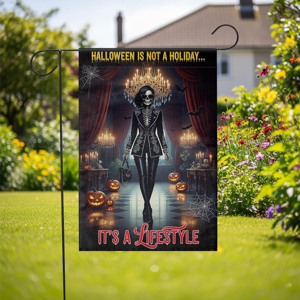 Gothic Halloween Garden Flag: Skeleton, Pumpkins & Bats - Weather Resistant