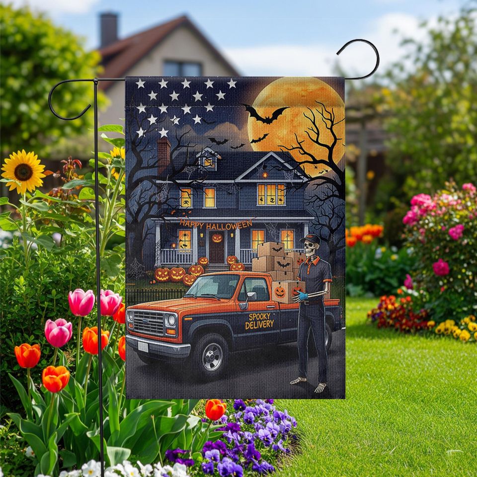Skeleton Delivery Driver Halloween Garden Flag: Spooky Fall Decor