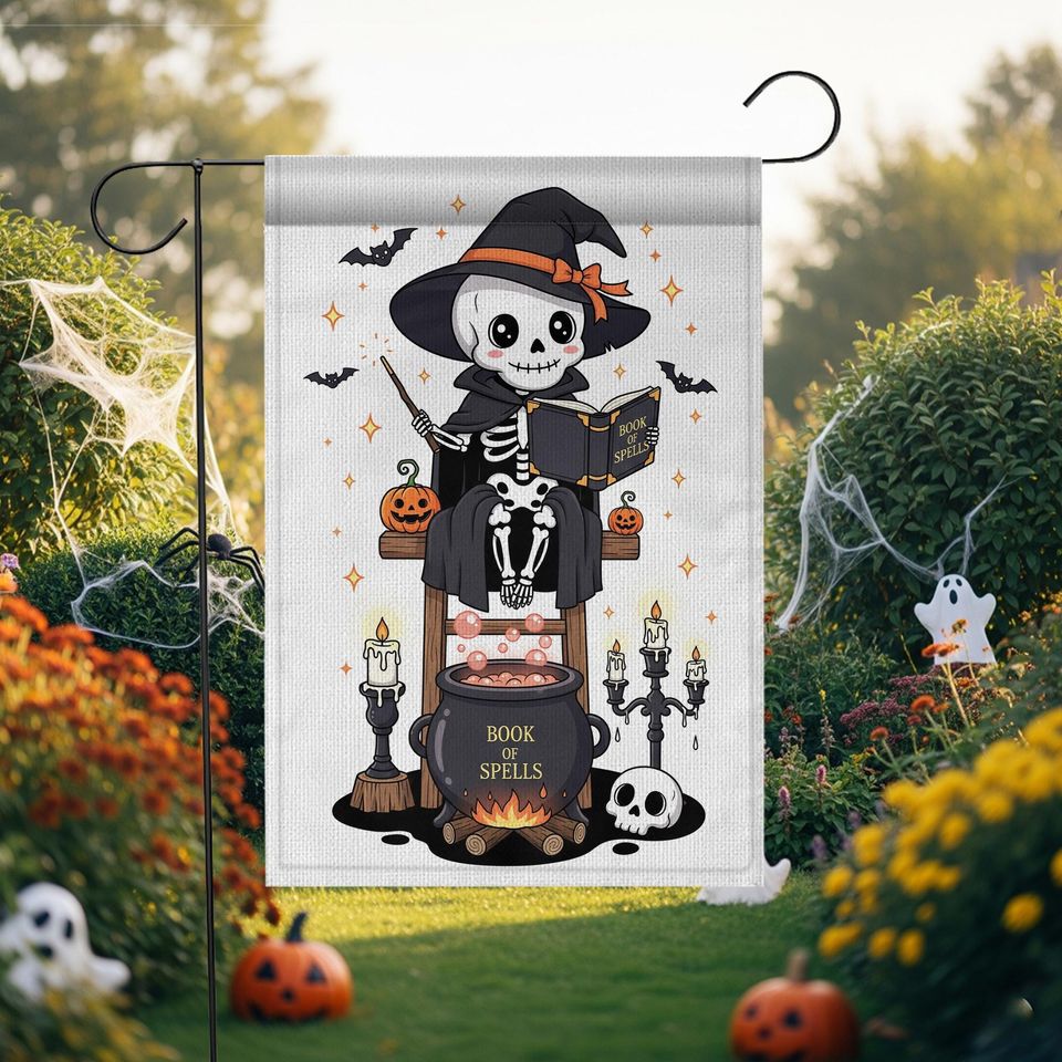 Skeleton Witch Halloween Garden Flag: Spooky Cauldron Decor