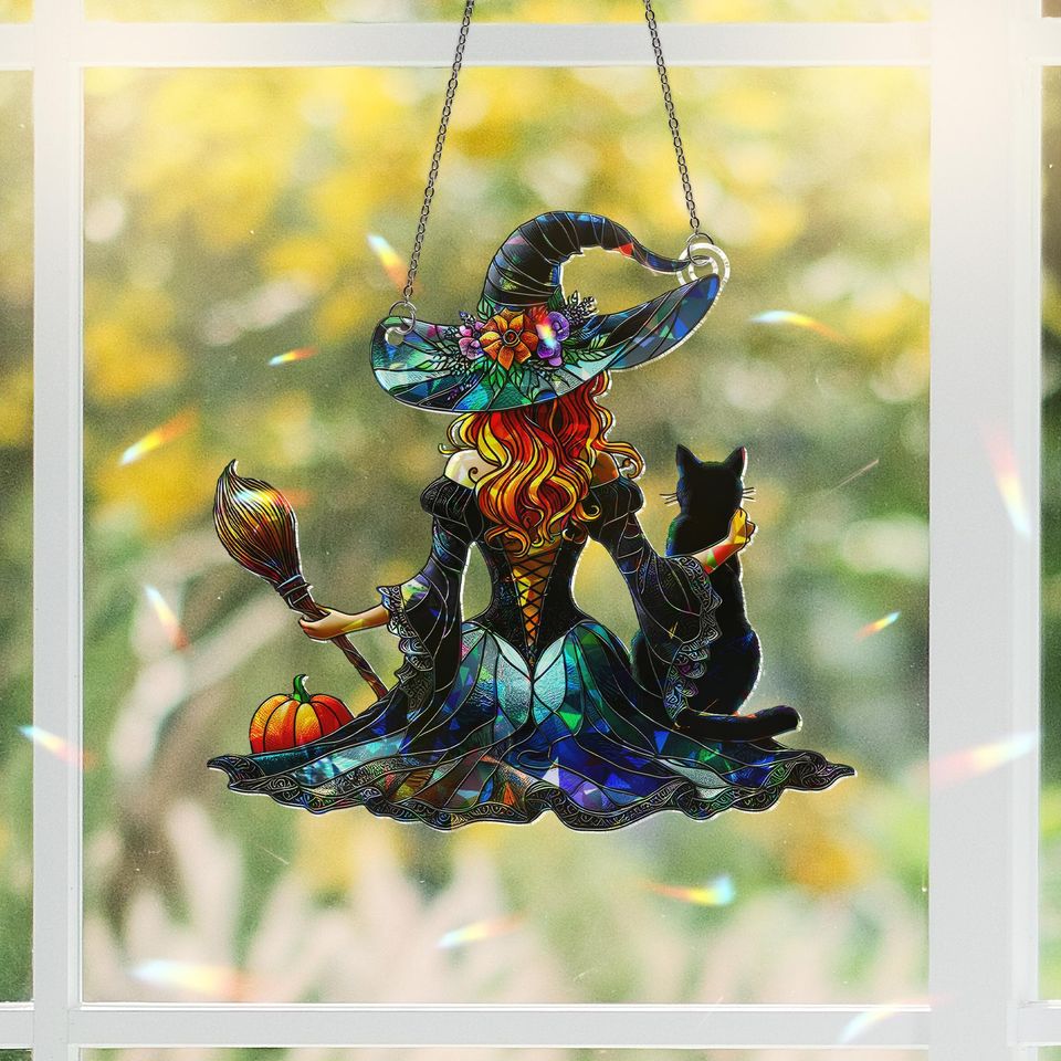 Witch and Cat Suncatcher: Holographic Halloween Window Hanging