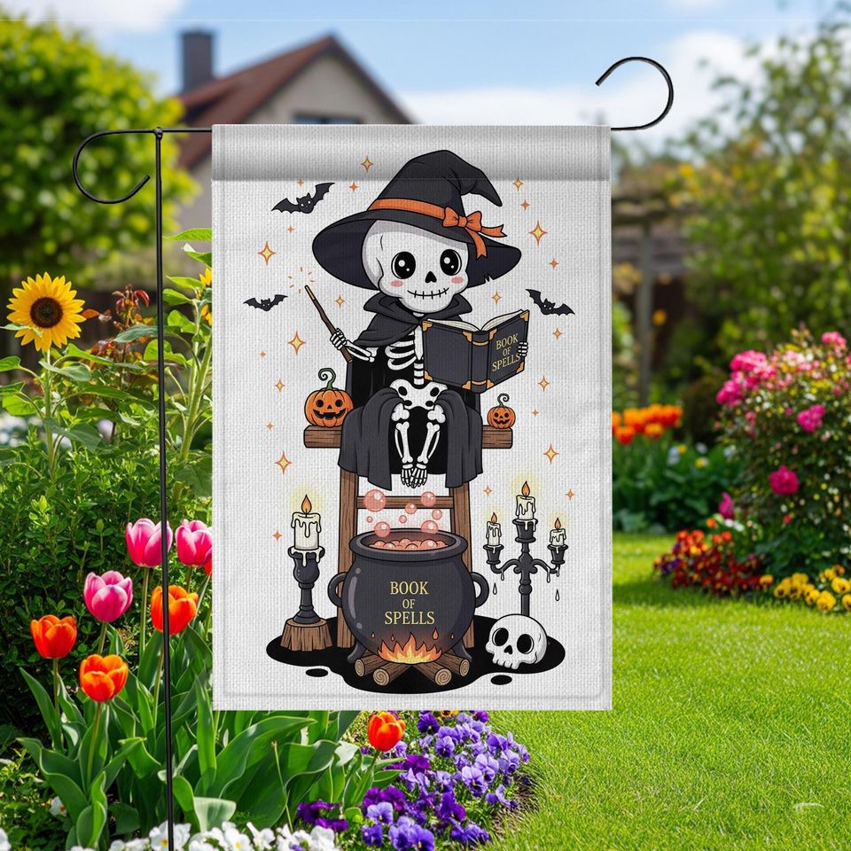 Skeleton Witch Halloween Garden Flag: Spooky Cauldron Decor