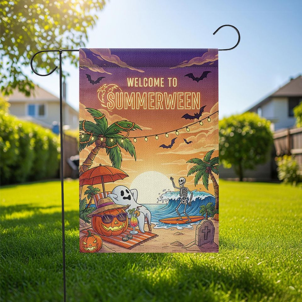 Summerween Garden Flag  Funny Halloween Beach Decor with Skeleton & Ghost