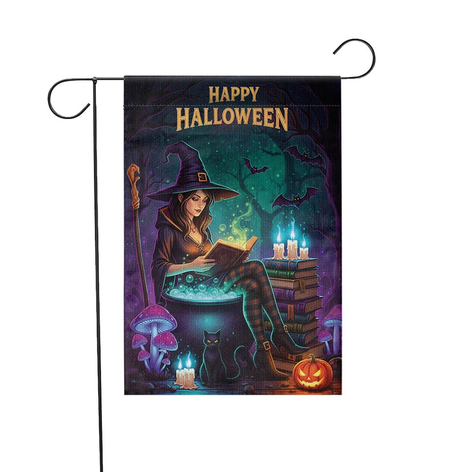 Halloween Witch Garden Flag  Spooky Reading Witch Yard Decor with Cat and Cauldron