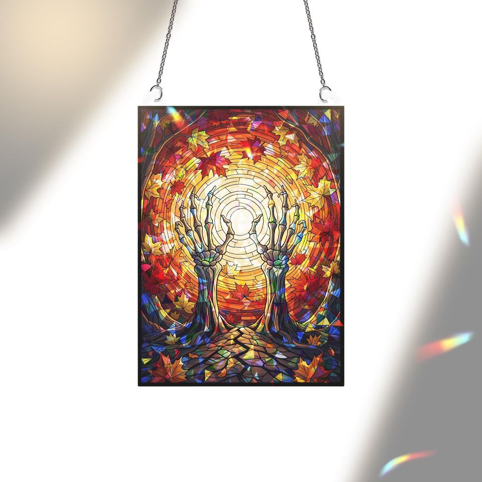 Skeleton Hands Suncatcher: Holographic Autumn Leaves Gothic Window Decor