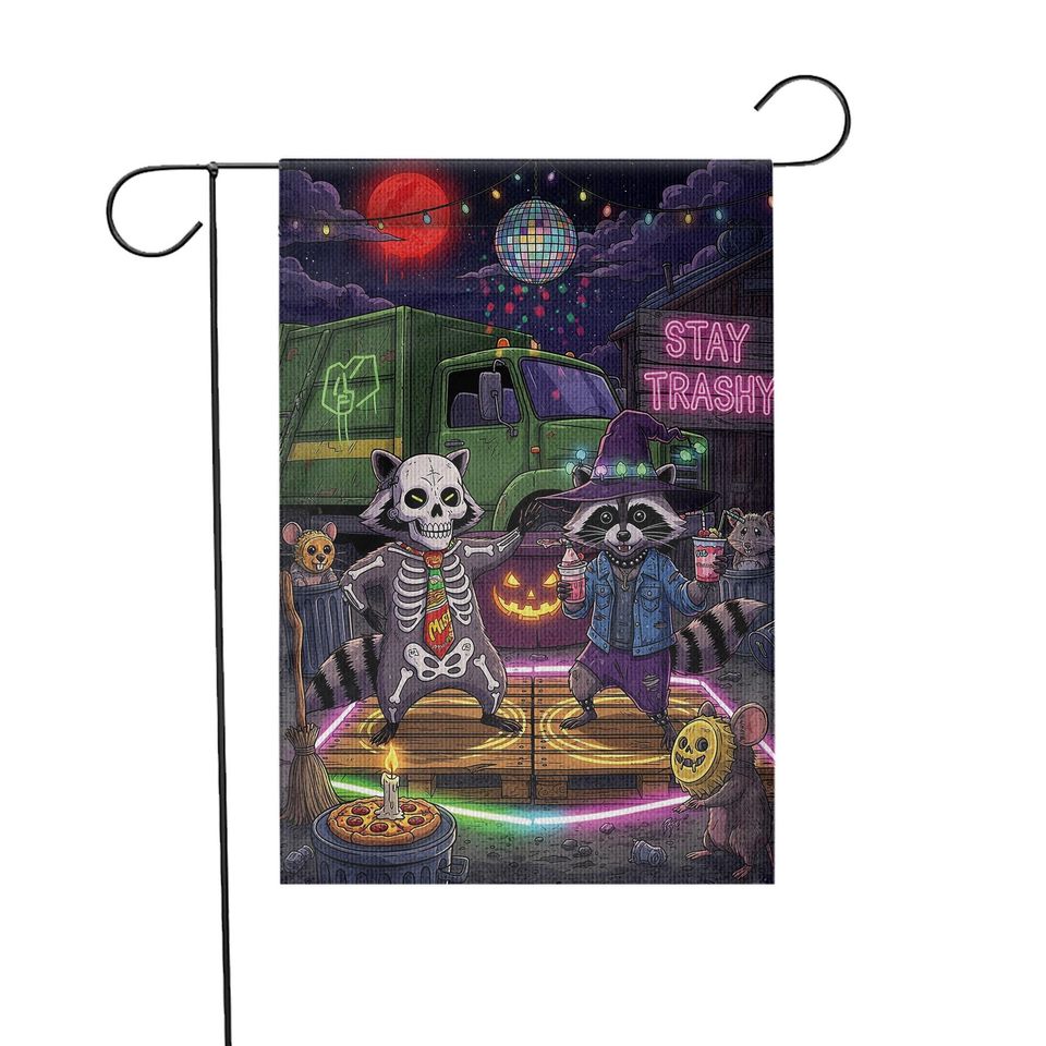 Stay Trashy Halloween Garden Flag: Raccoon Skeleton Witch Party Decor