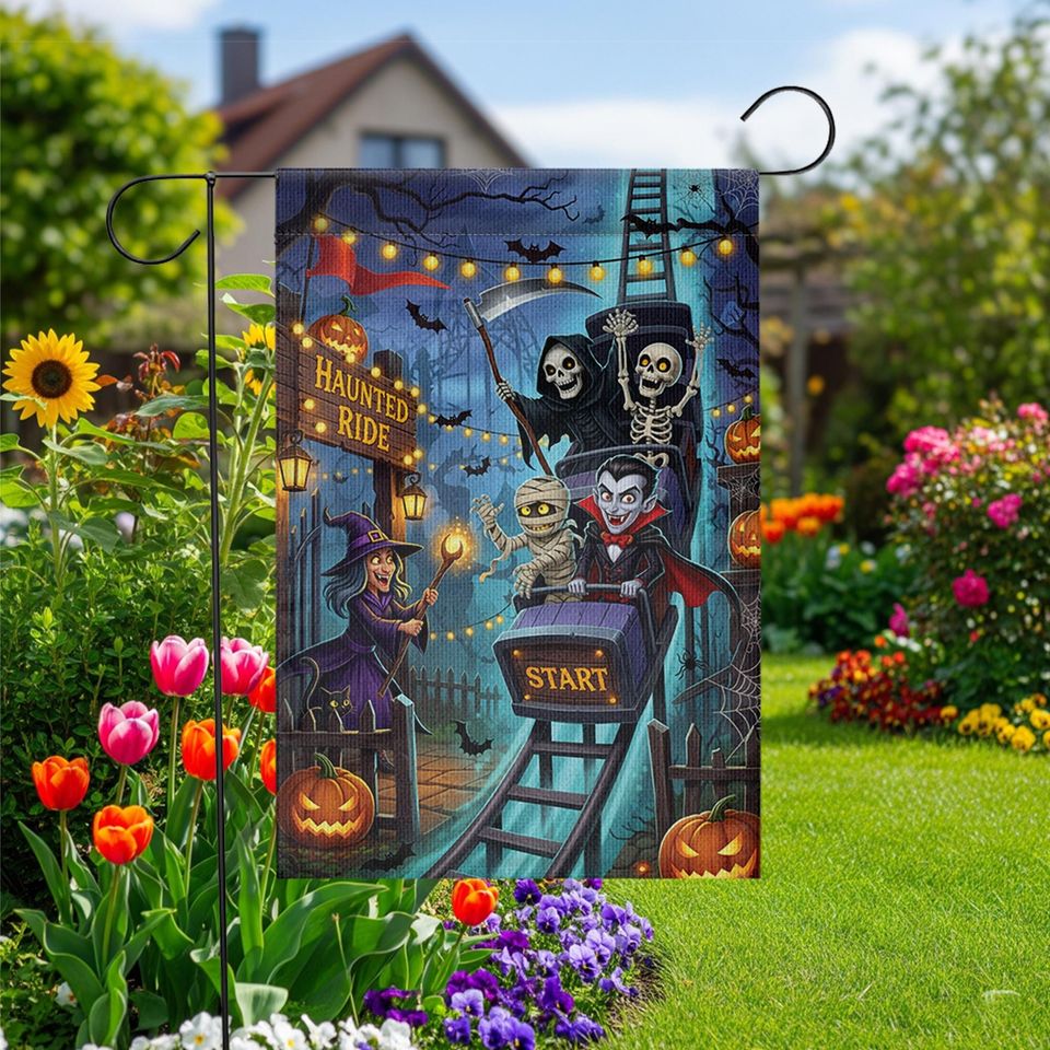 Haunted Ride Halloween Garden Flag, Spooky Roller Coaster Witch Vampire