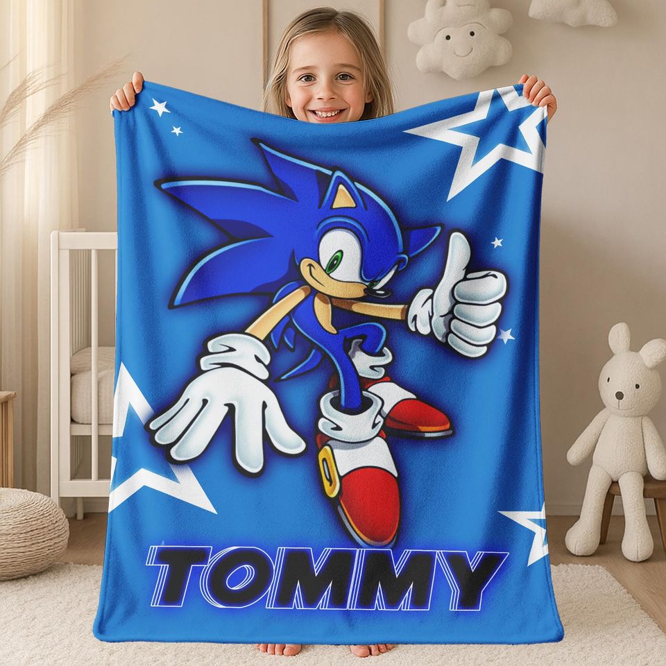 Custom Sonic The Hedgehog Blanket, Personalized Cartoon Hedgehog Minky Sherpa Blanket