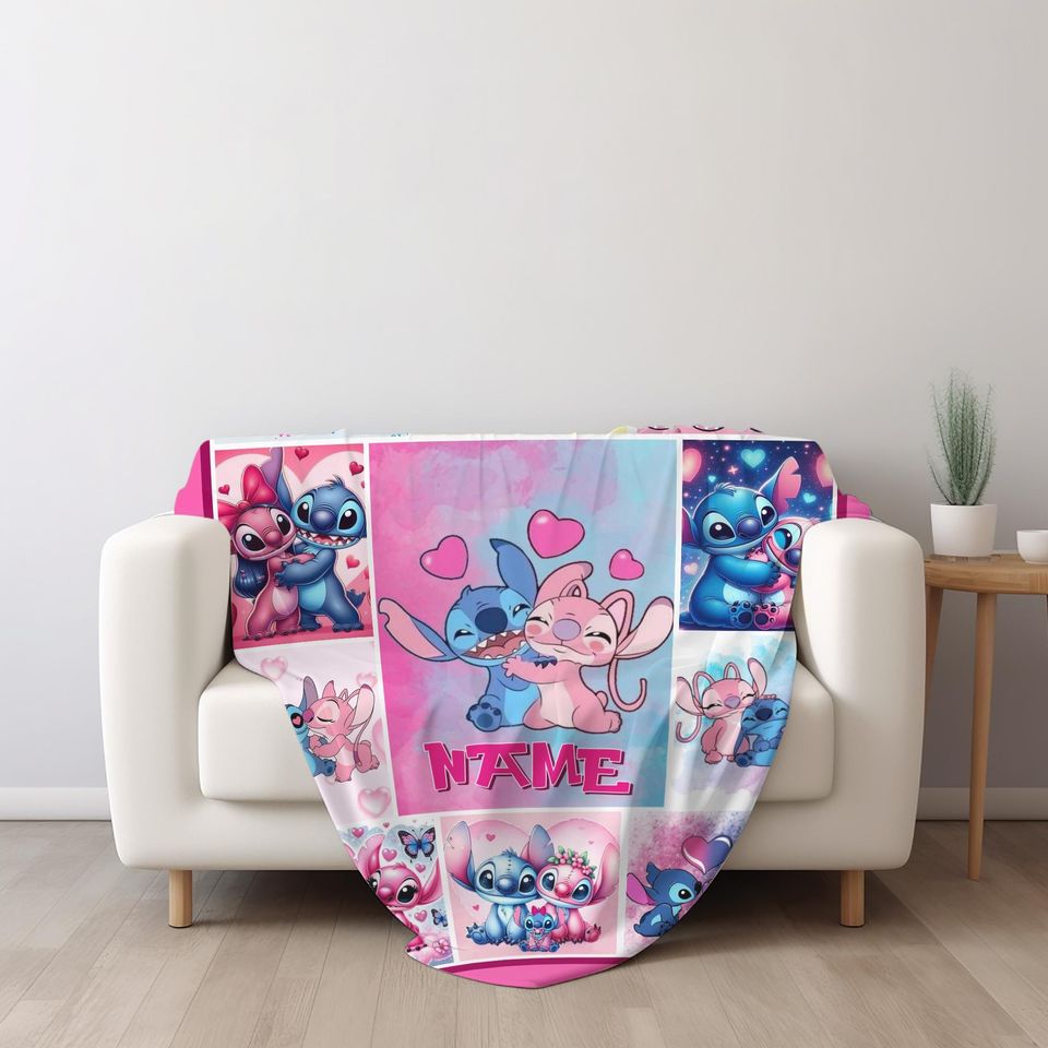 Personalized Name Stitch Angel Blanket, Custom Disney Blanket, Stitch Blanket
