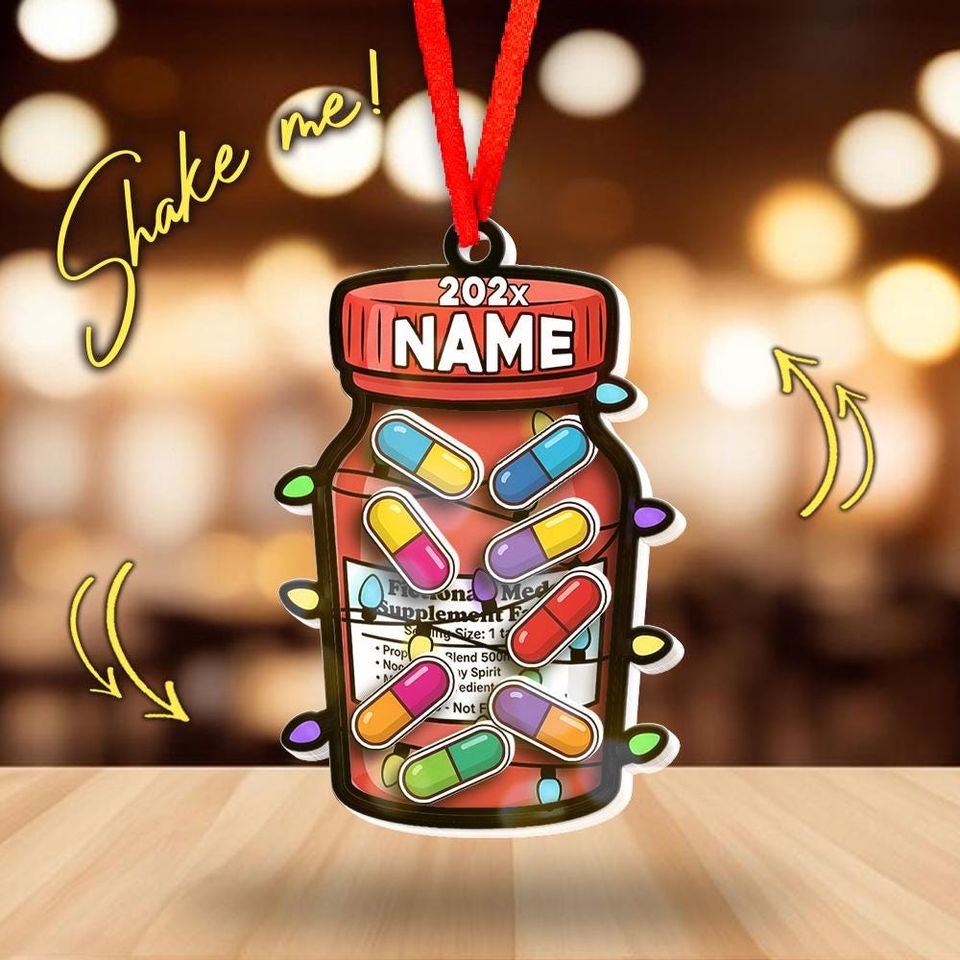Personalized Prescription Pill Bottle Christmas Shaker Ornament, 4D Pill Jar Xmas Tree Decoration