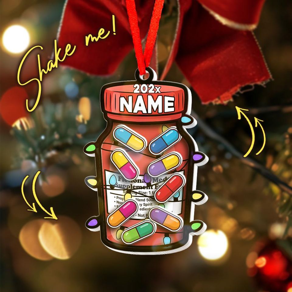 Personalized Prescription Pill Bottle Christmas Shaker Ornament, 4D Pill Jar Xmas Tree Decoration
