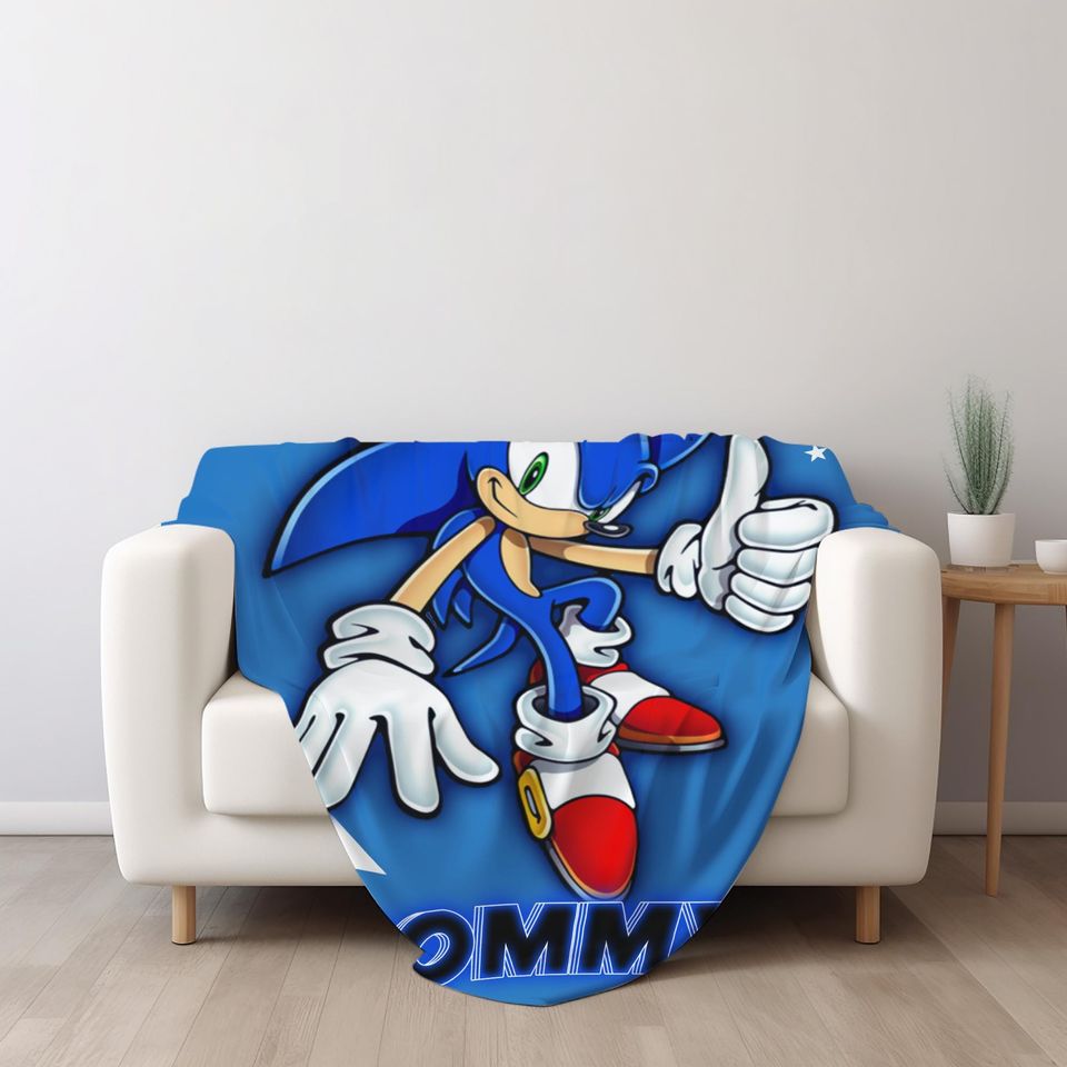 Custom Sonic The Hedgehog Blanket, Personalized Cartoon Hedgehog Minky Sherpa Blanket
