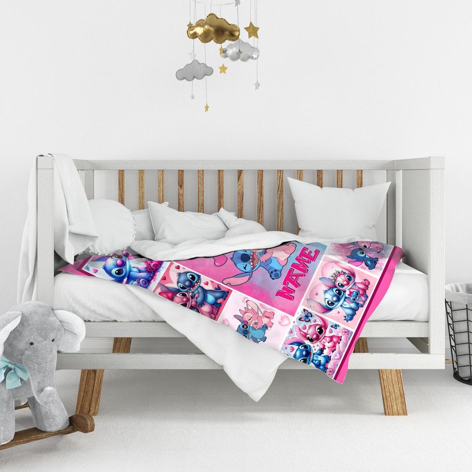 Personalized Name Stitch Angel Blanket, Custom Disney Blanket, Stitch Blanket