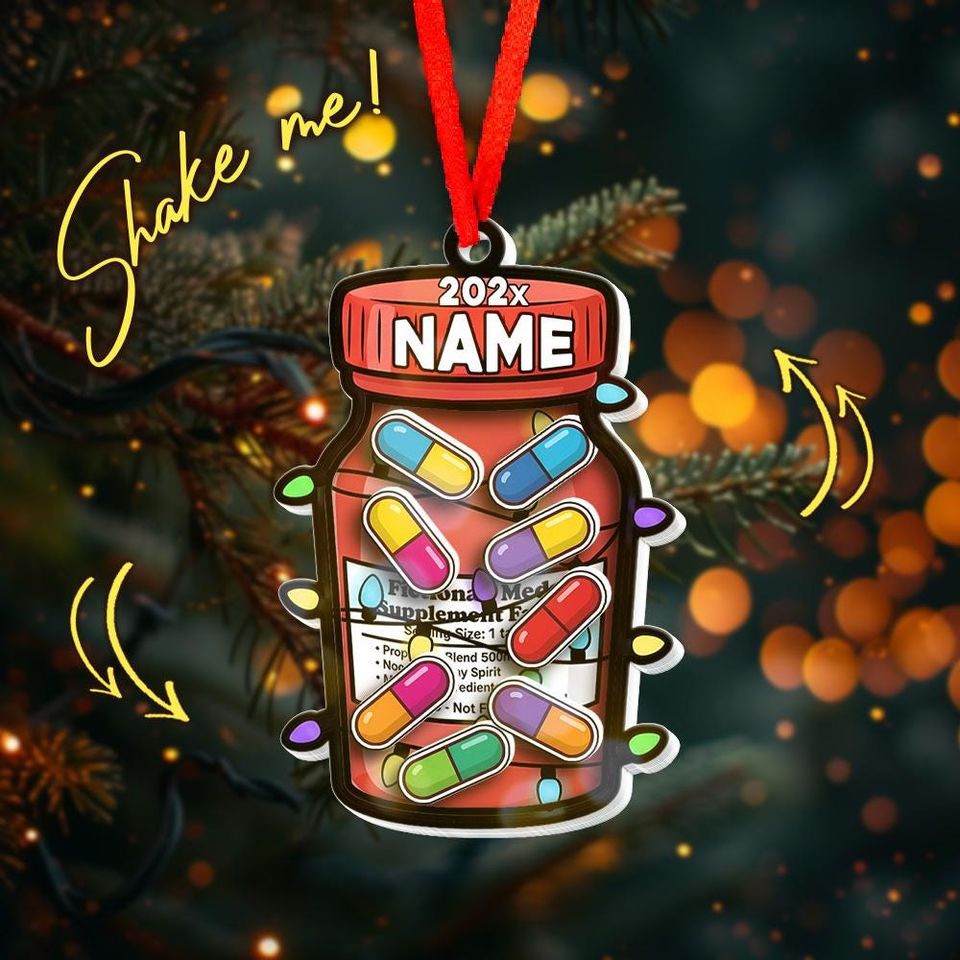 Personalized Prescription Pill Bottle Christmas Shaker Ornament, 4D Pill Jar Xmas Tree Decoration