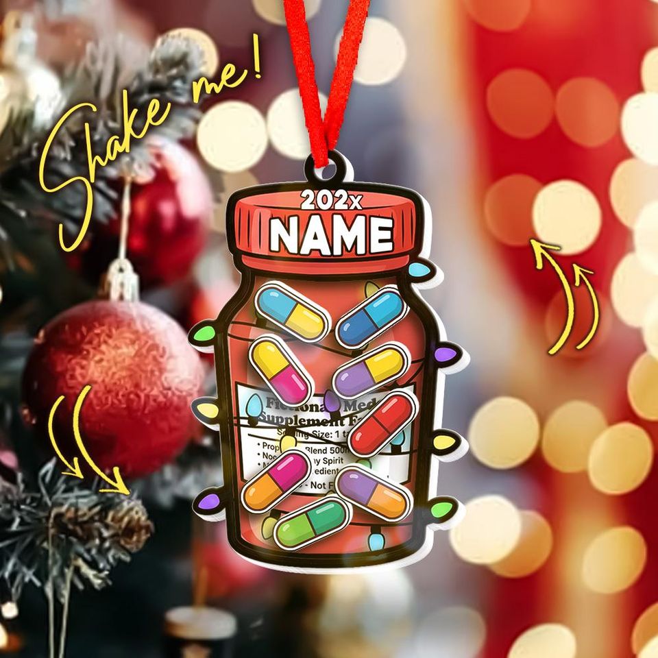 Personalized Prescription Pill Bottle Christmas Shaker Ornament, 4D Pill Jar Xmas Tree Decoration