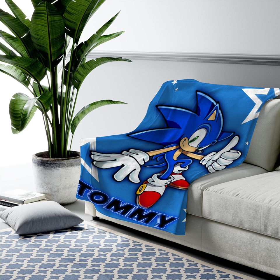 Custom Sonic The Hedgehog Blanket, Personalized Cartoon Hedgehog Minky Sherpa Blanket