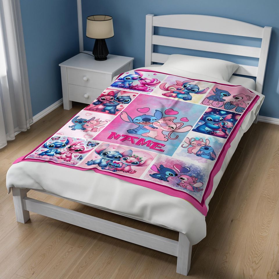 Personalized Name Stitch Angel Blanket, Custom Disney Blanket, Stitch Blanket