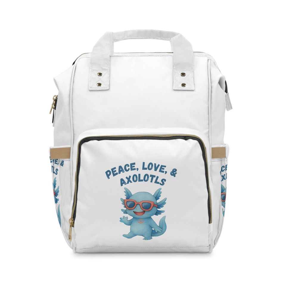 Stylish Multifunctional Diaper Backpack with Cute Axolotl Design, Baby Bag, Mom Backpack, Maternity Tote, Peace, Love Design BLUE