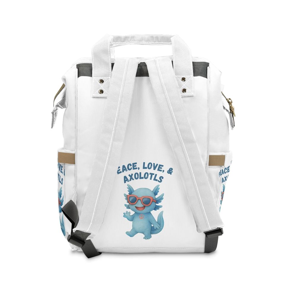 Stylish Multifunctional Diaper Backpack with Cute Axolotl Design, Baby Bag, Mom Backpack, Maternity Tote, Peace, Love Design BLUE
